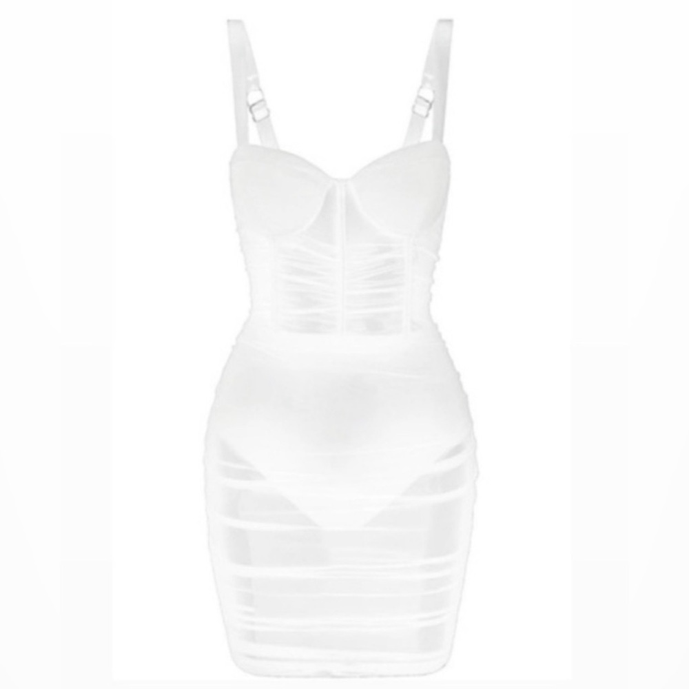 NWT Leau Miami Mesh Mini Dress Sheer Ivory Bodycon Dress Medium